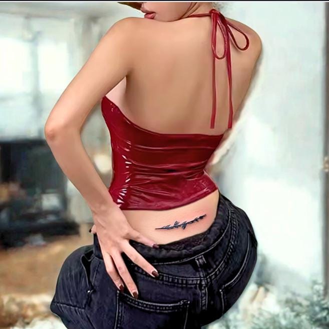 Gothic Latex Alt Ruby Red Deep V Halter Tie up String Top