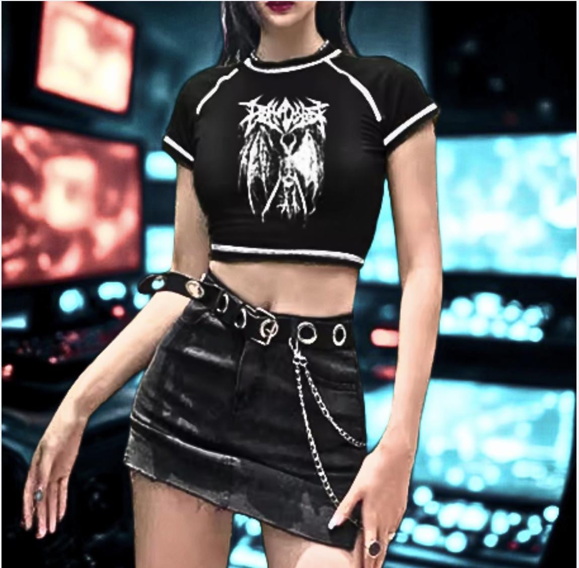 Harajuku Crop Top for Women | Gothic Demon Anime Graphic Tee | Korean Y2K Punk Shirt | Slim Fit Black Streetwear T-Shirt