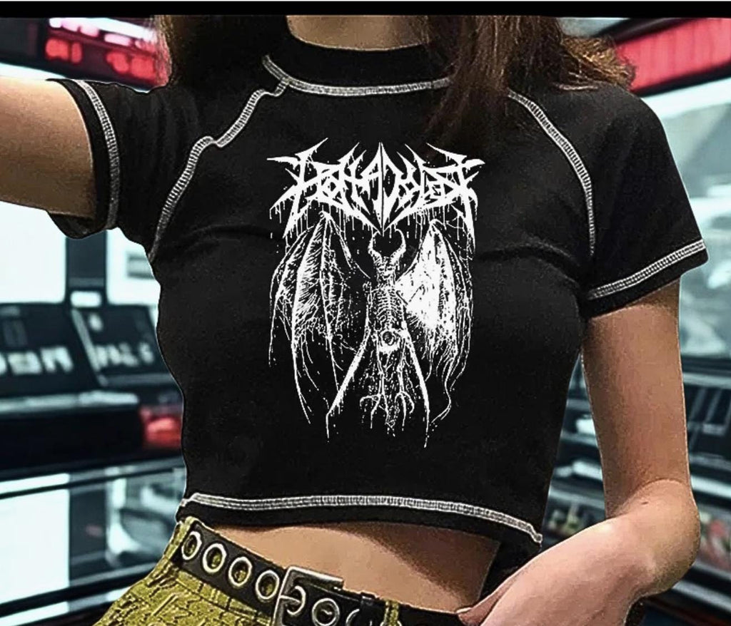 Harajuku Crop Top for Women | Gothic Demon Anime Graphic Tee | Korean Y2K Punk Shirt | Slim Fit Black Streetwear T-Shirt