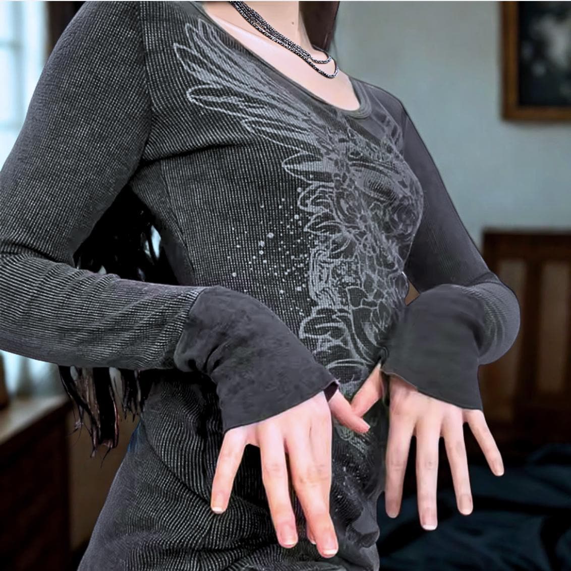 Gothic Rhinestone Long Sleeve Top | Slim Fit Mesh Tee for Women | Grunge Y2K Graphic Shirt | Alt Streetwear Dark Aesthetic