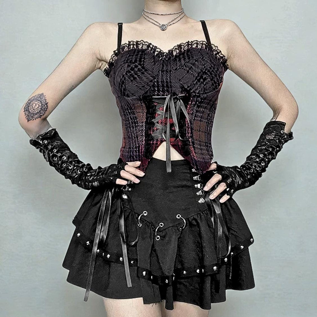 Gothic Punk Rivet Mini Skirt: Y2K Grunge A-Line Pleated lace up gothic goth alt