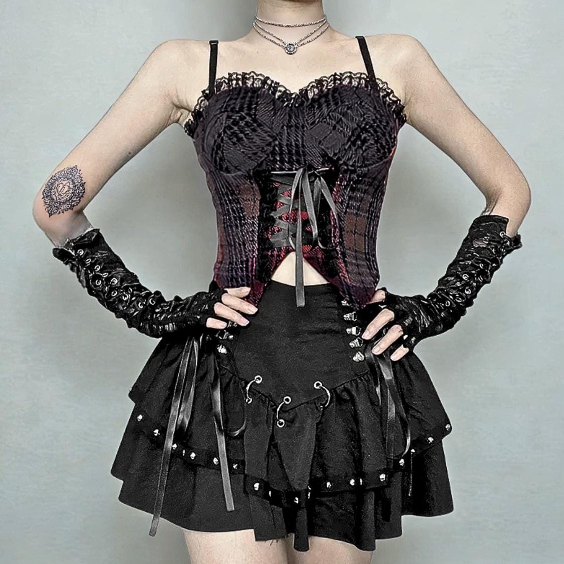Gothic Punk Rivet Mini Skirt: Y2K Grunge A-Line Pleated lace up gothic goth alt