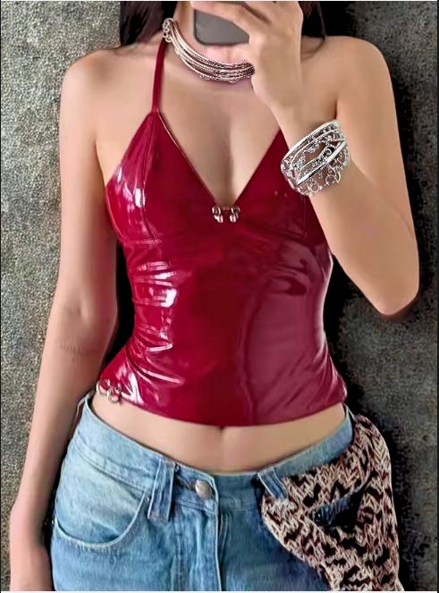 Gothic Latex Alt Ruby Red Deep V Halter Tie up String Top