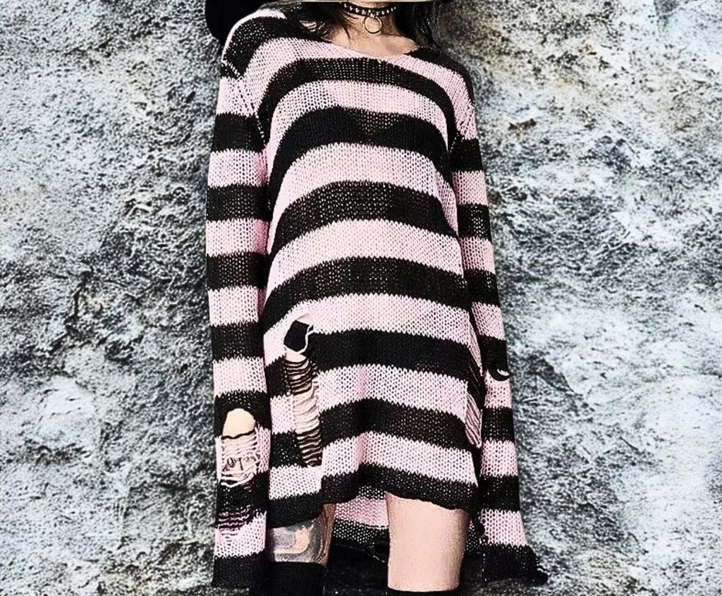 Distressed Striped Grunge Sweater: Punk Gothic Knit Jumper goth alt emo edgy