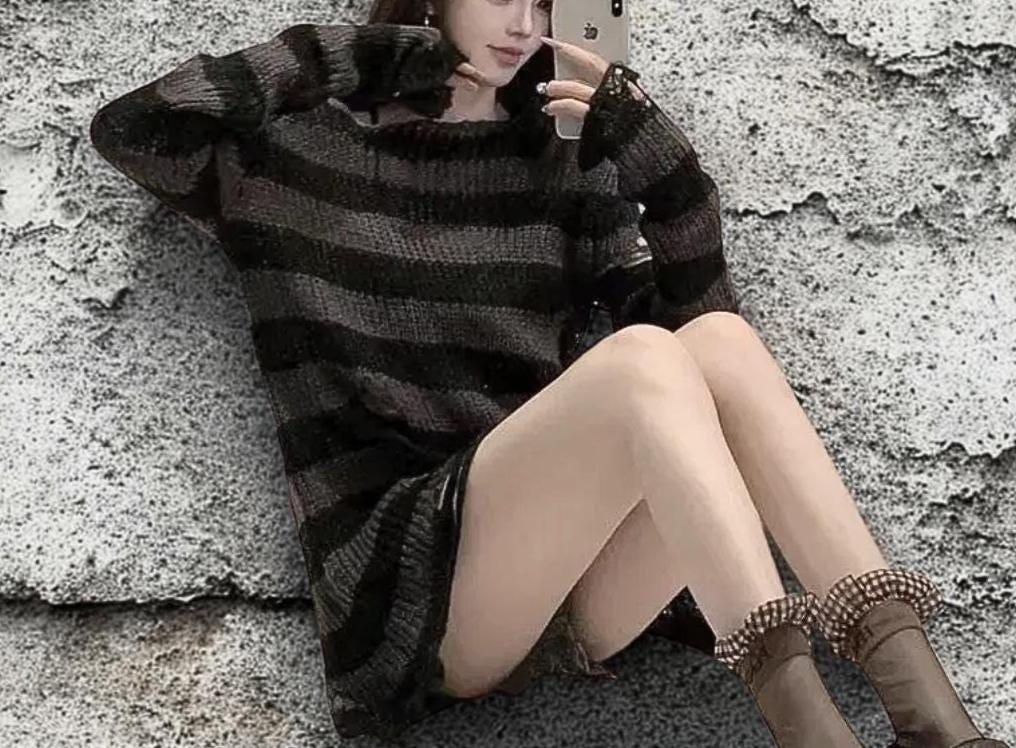 Distressed Striped Grunge Sweater: Punk Gothic Knit Jumper goth alt emo edgy