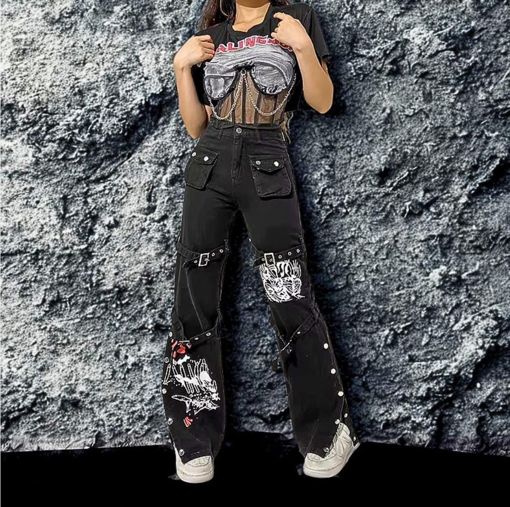 Cyber Punk Baggy Cargo Jeans: Y2K Goth with Eyelet Buckles gothic goth alt emo