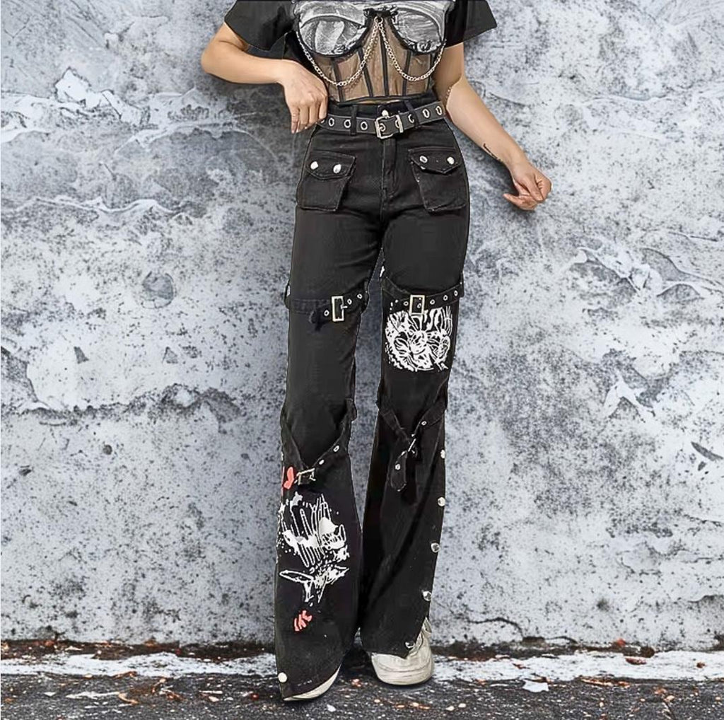Cyber Punk Baggy Cargo Jeans: Y2K Goth with Eyelet Buckles gothic goth alt emo