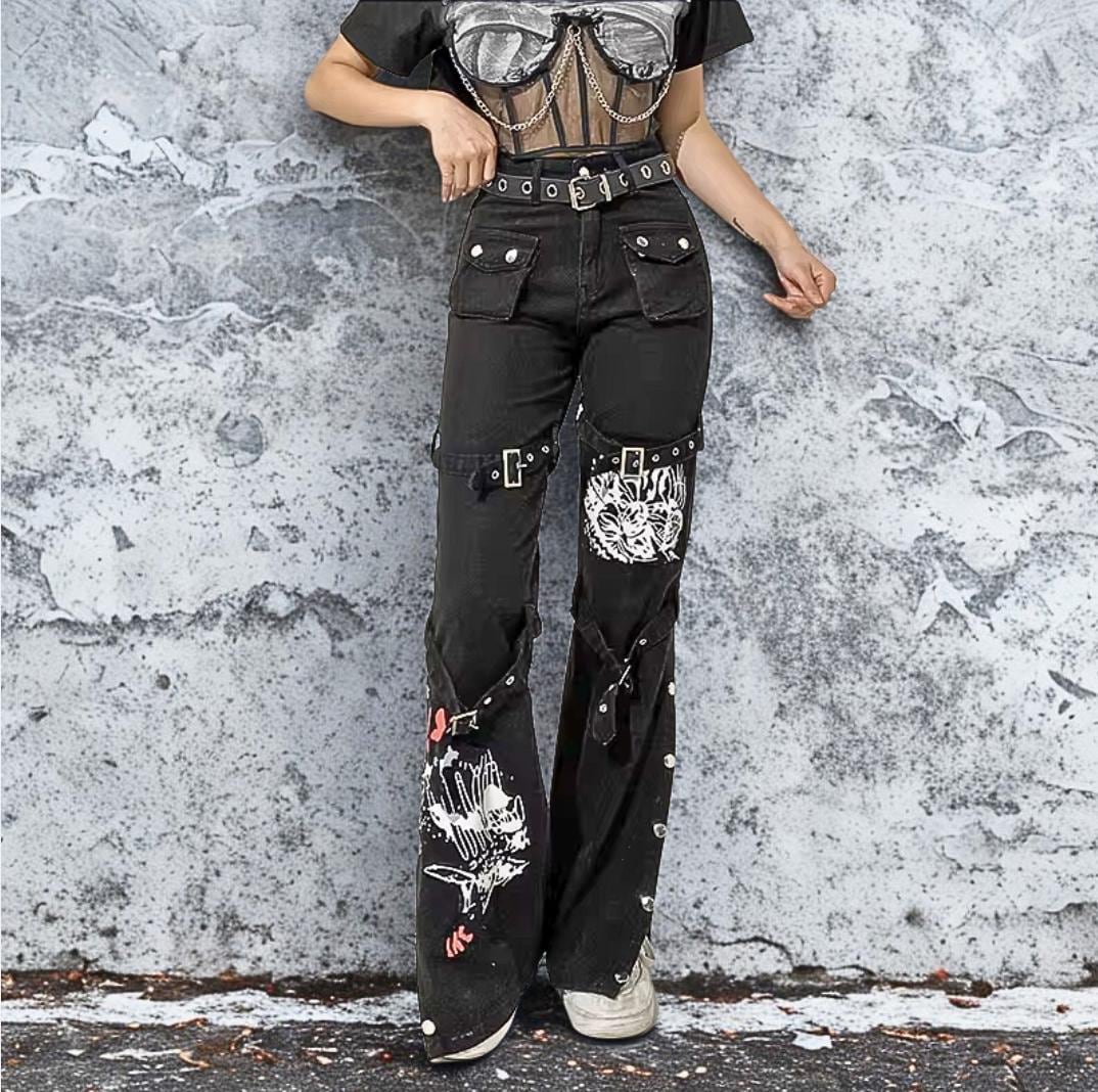 Cyber Punk Baggy Cargo Jeans: Y2K Goth with Eyelet Buckles gothic goth alt emo