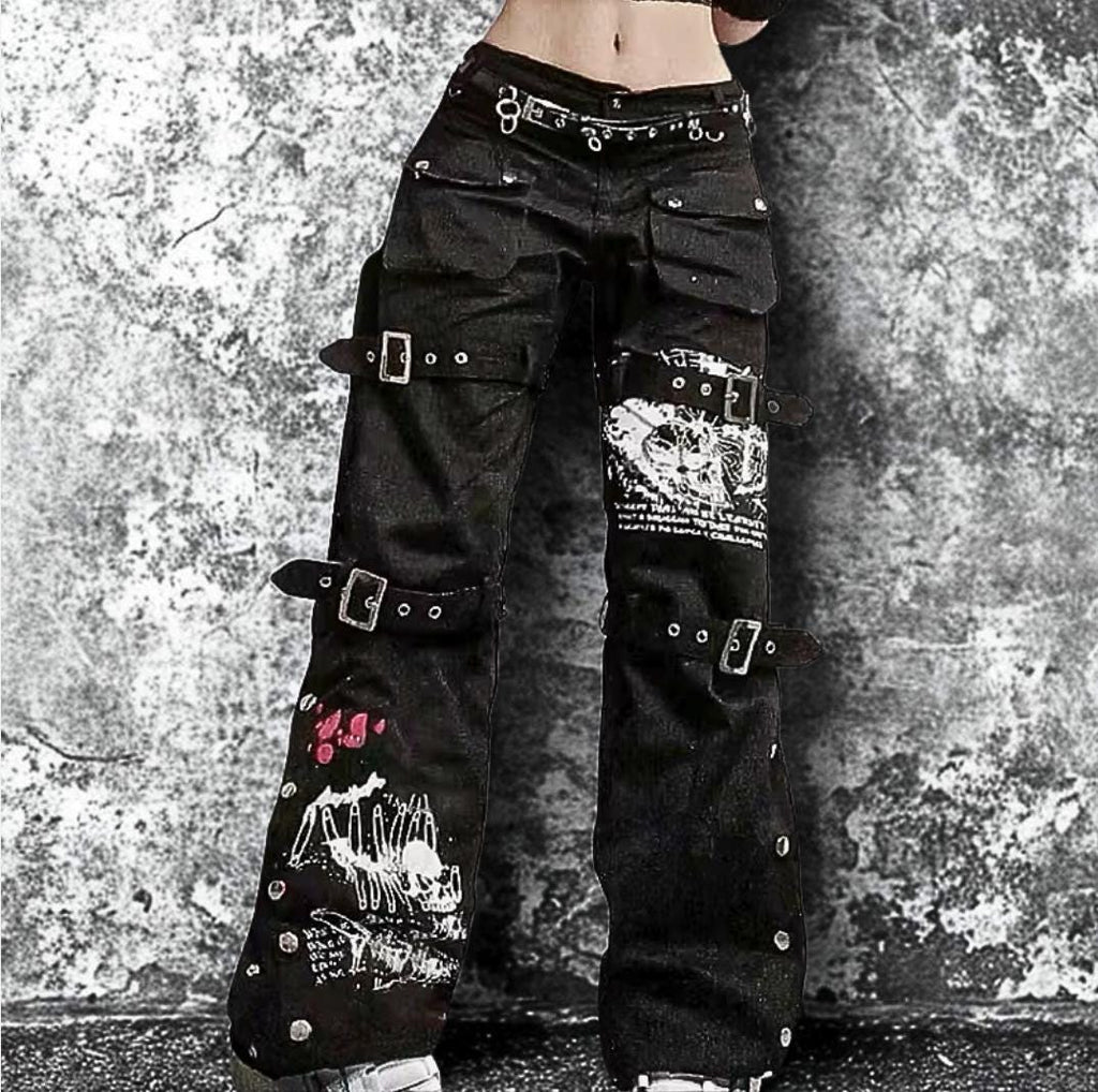 Cyber Punk Baggy Cargo Jeans: Y2K Goth with Eyelet Buckles gothic goth alt emo