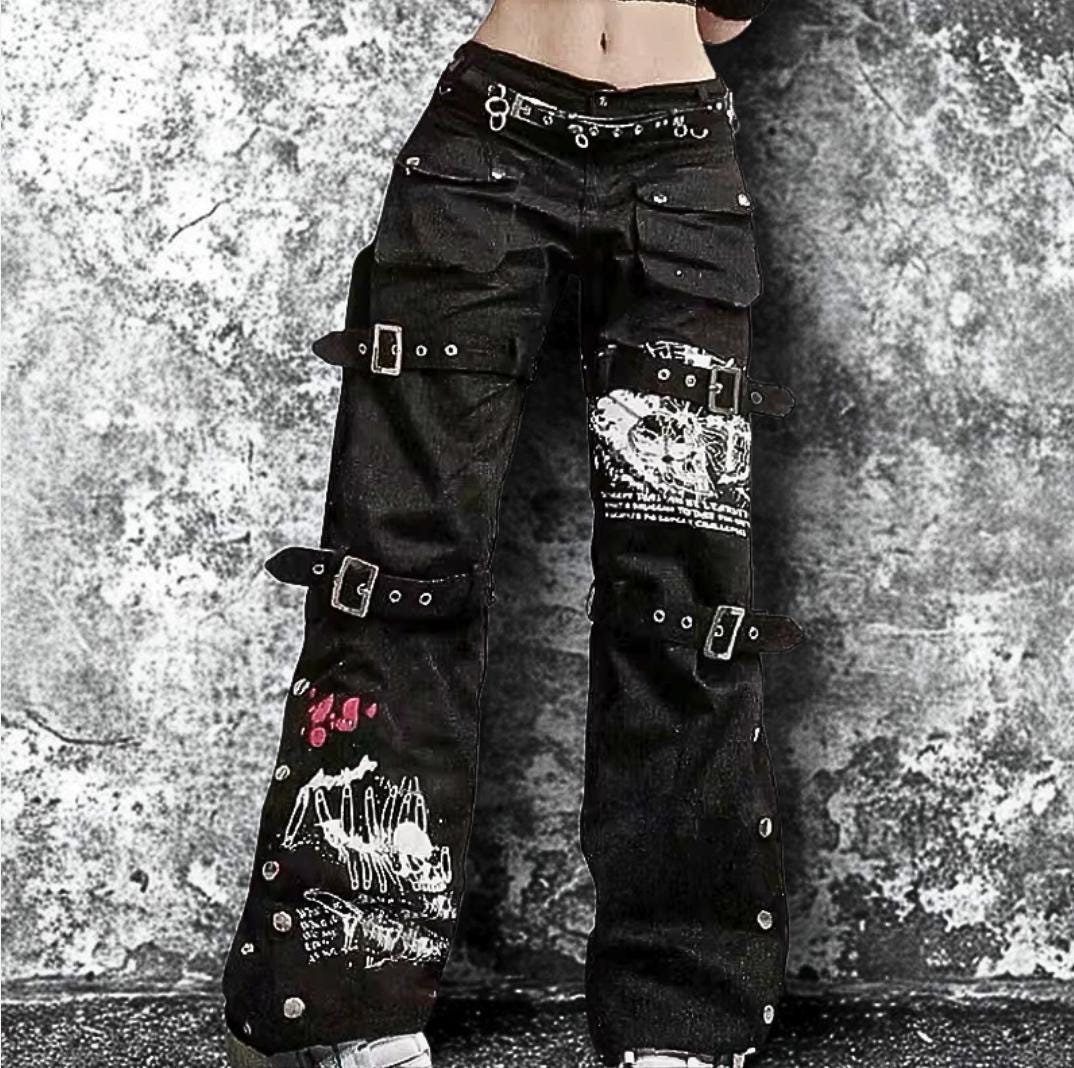 Cyber Punk Baggy Cargo Jeans: Y2K Goth with Eyelet Buckles gothic goth alt emo