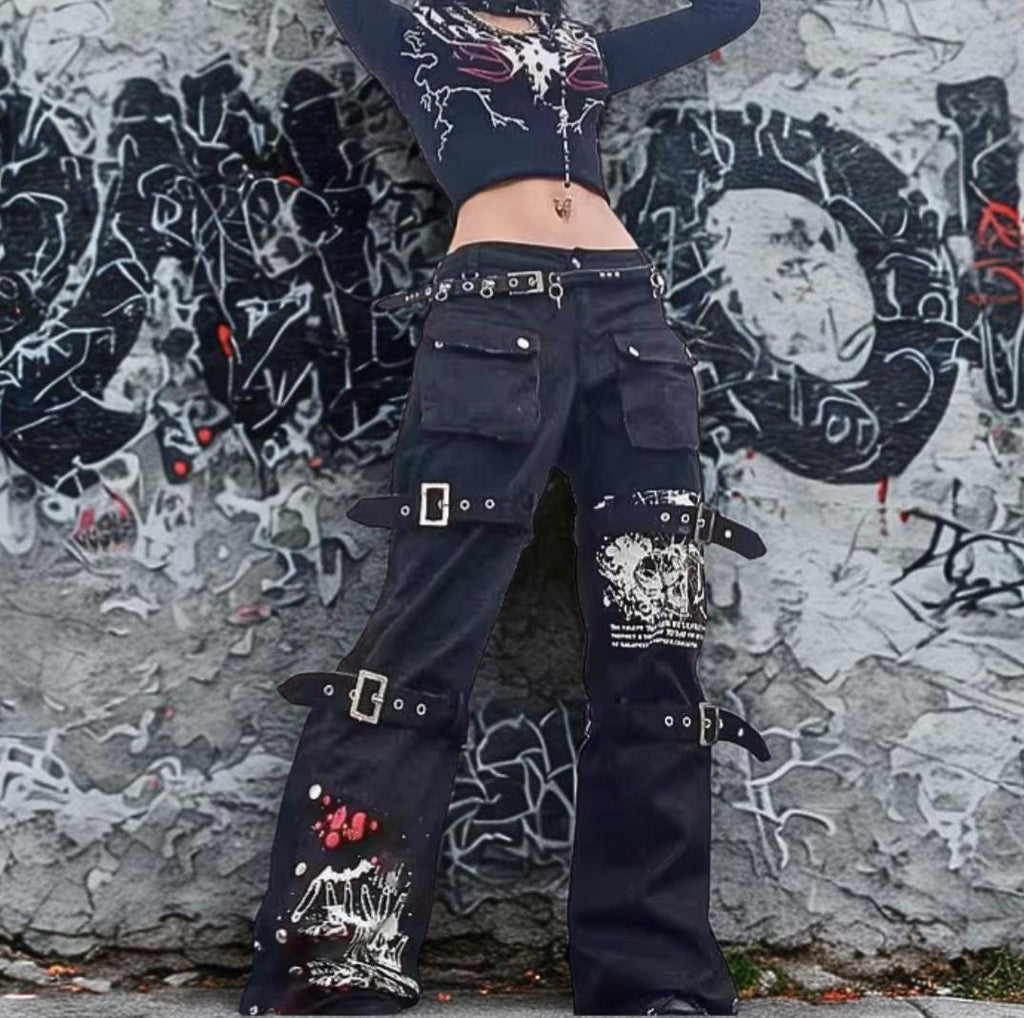 Cyber Punk Baggy Cargo Jeans: Y2K Goth with Eyelet Buckles gothic goth alt emo