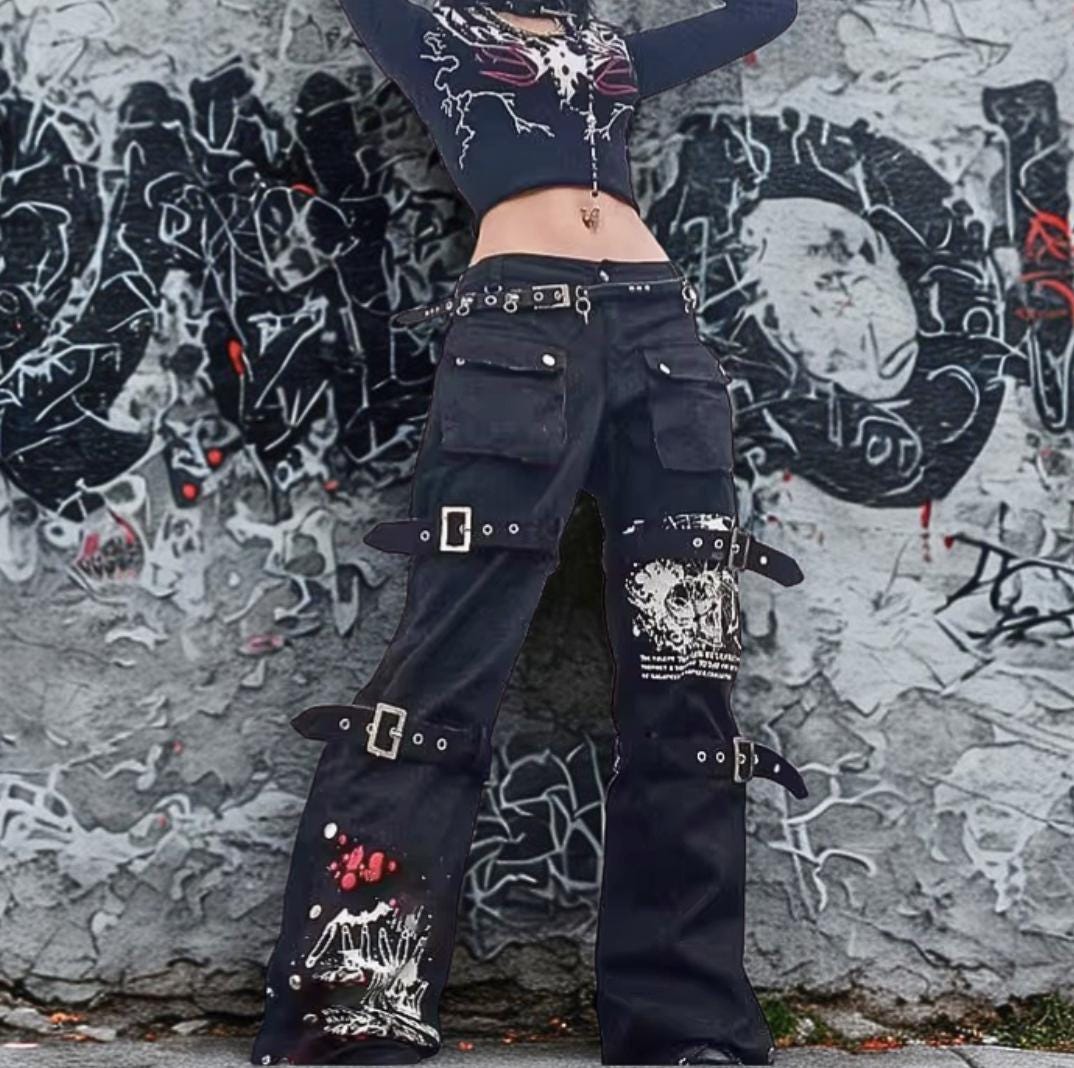 Cyber Punk Baggy Cargo Jeans: Y2K Goth with Eyelet Buckles gothic goth alt emo