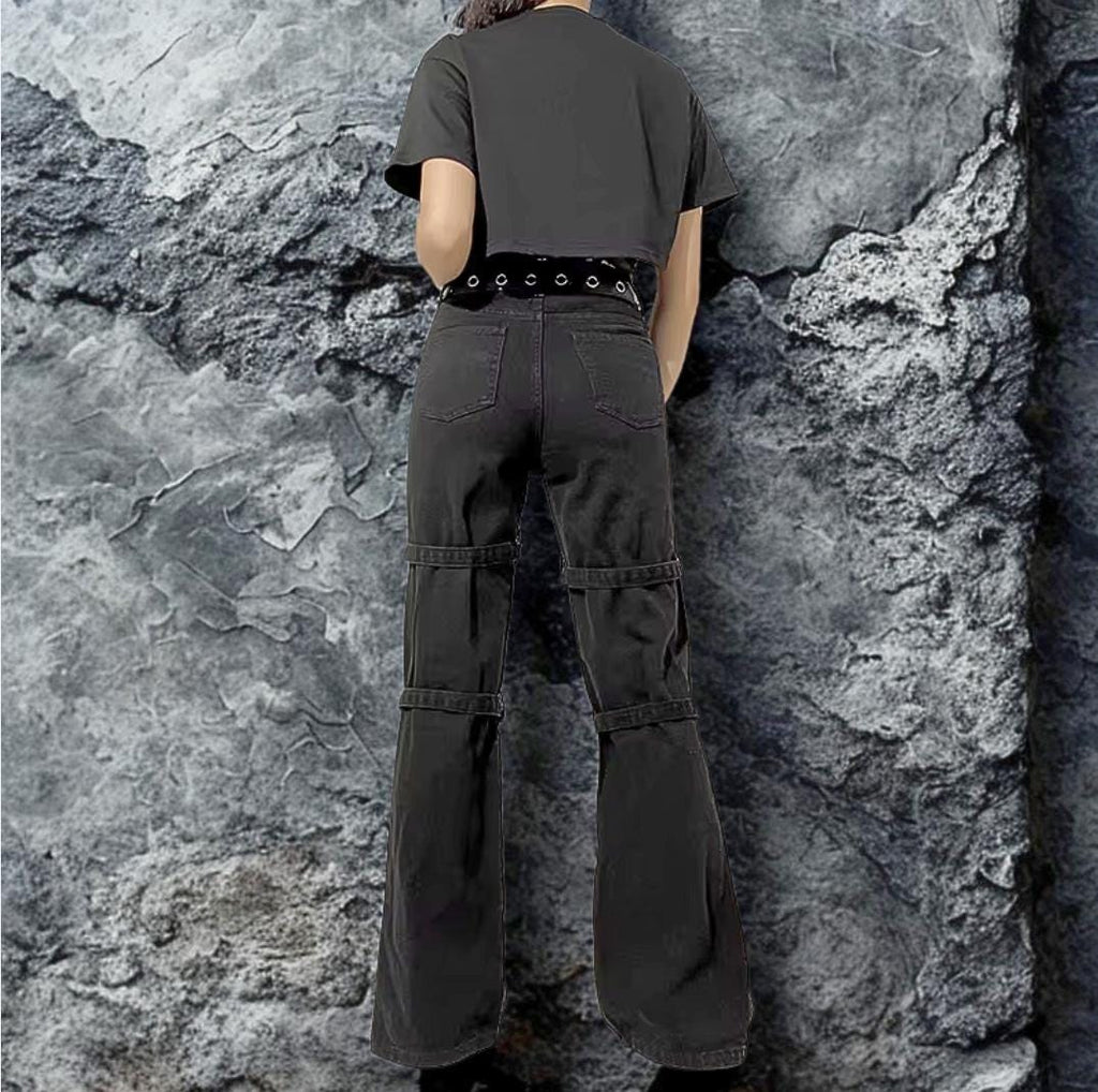Cyber Punk Baggy Cargo Jeans: Y2K Goth with Eyelet Buckles gothic goth alt emo