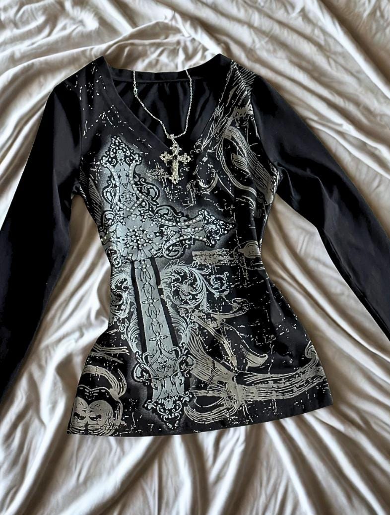 Y2K Gothic Long Sleeve Top: Silver Graphic Print, Vintage Grunge goth emo edgy alt