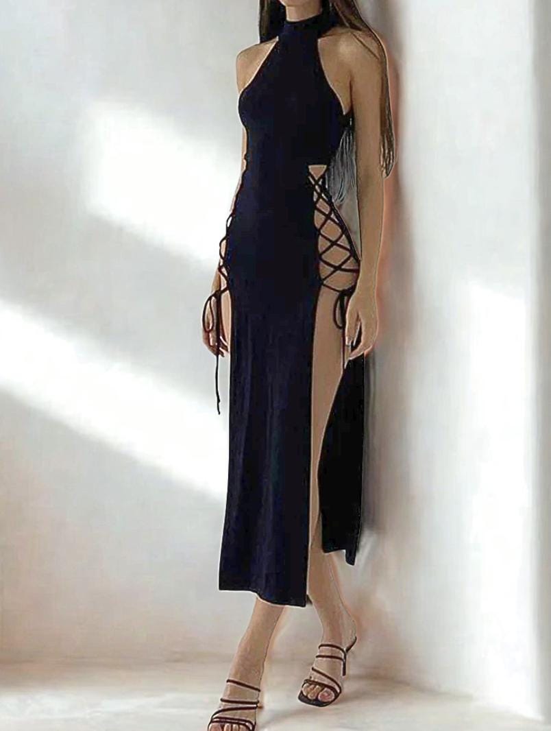 Gothic High Split Bandage Dress: Black Y2K Alt Partywear goth emo alt edgy