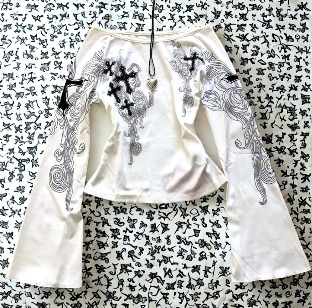 Y2K Gothic Cross Print Bell Sleeve Top: Alt Streetwear Blouse goth emo edgy alt