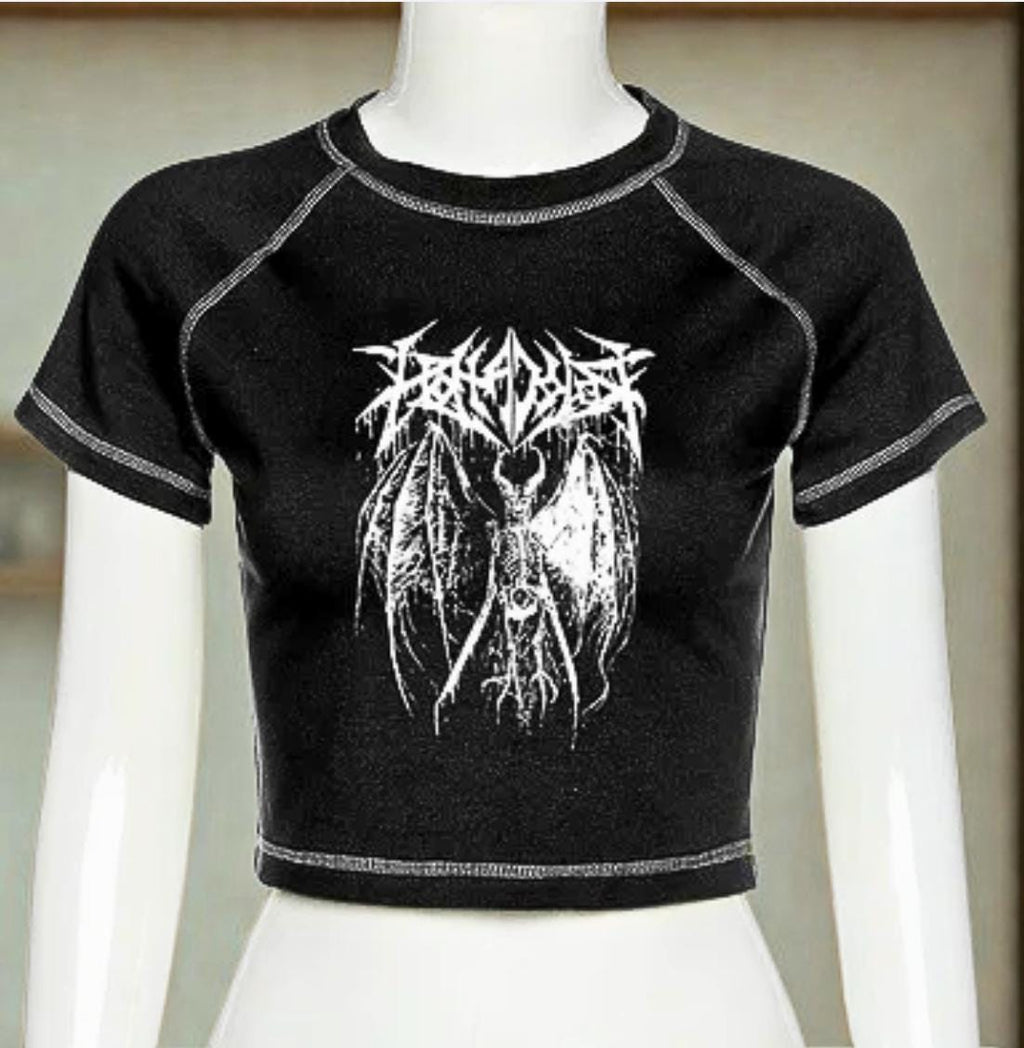 Harajuku Crop Top for Women | Gothic Demon Anime Graphic Tee | Korean Y2K Punk Shirt | Slim Fit Black Streetwear T-Shirt