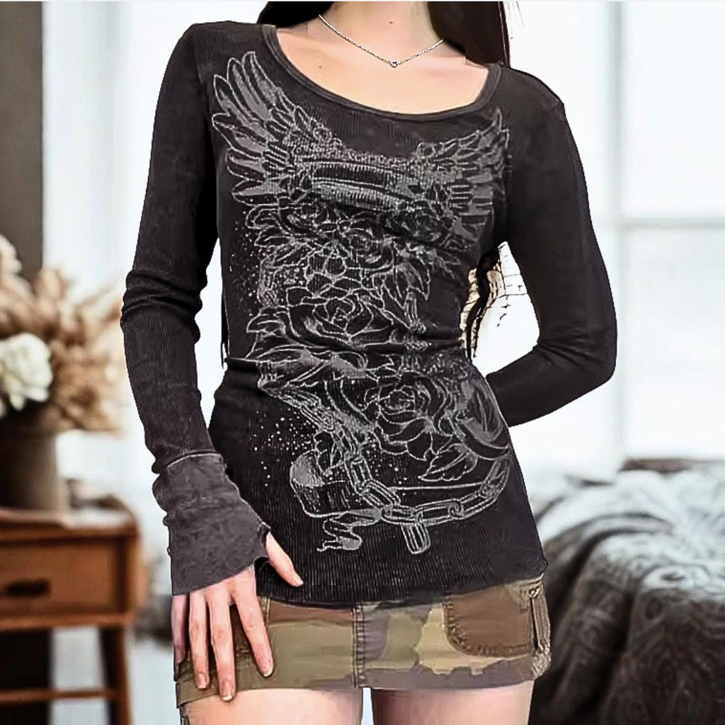 Gothic Rhinestone Long Sleeve Top | Slim Fit Mesh Tee for Women | Grunge Y2K Graphic Shirt | Alt Streetwear Dark Aesthetic