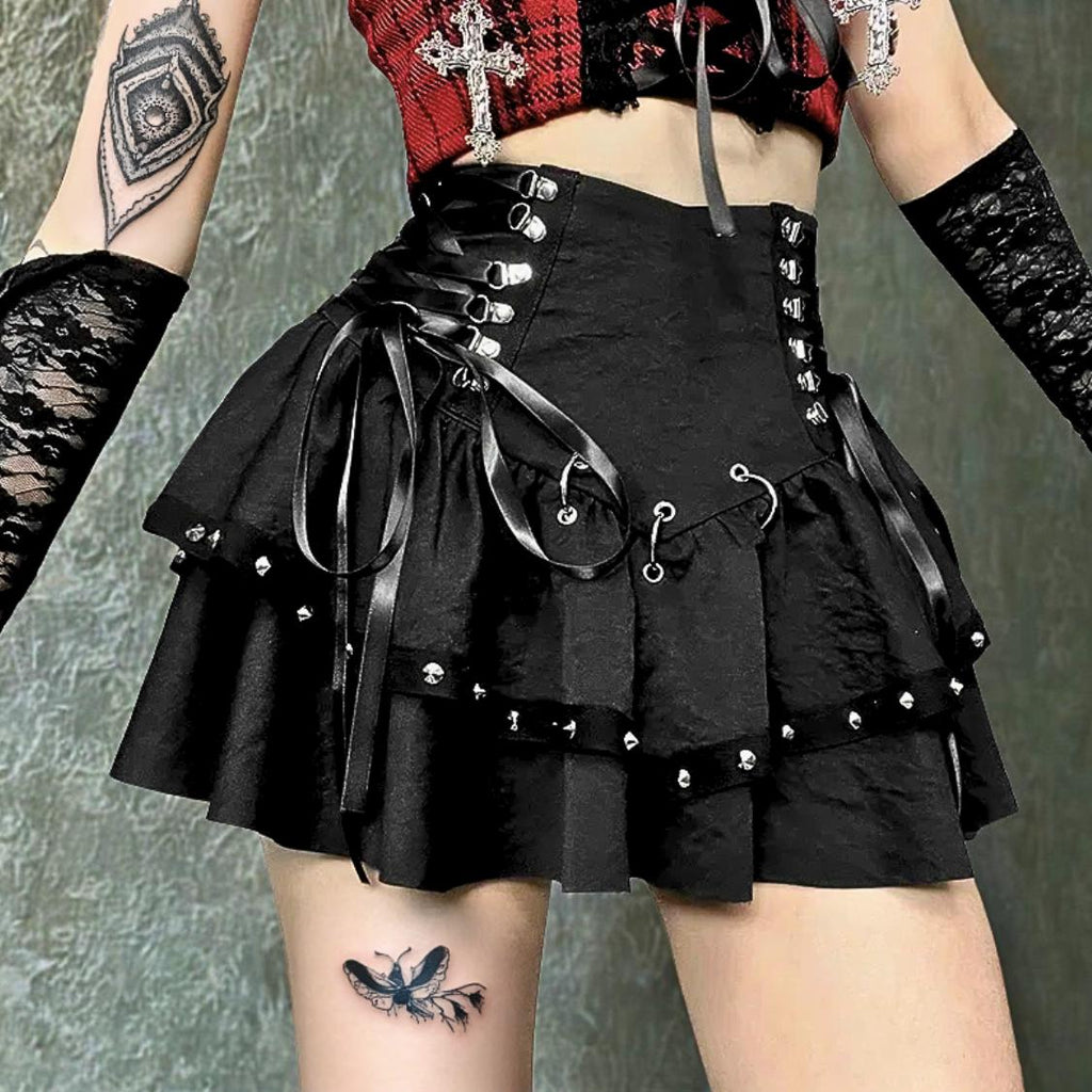 Gothic Punk Rivet Mini Skirt: Y2K Grunge A-Line Pleated lace up gothic goth alt