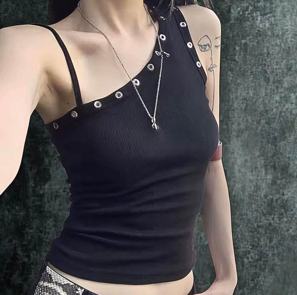 Gothic One Shoulder Crop Top: Slim Fit Black Summer Vest alt emo edgy