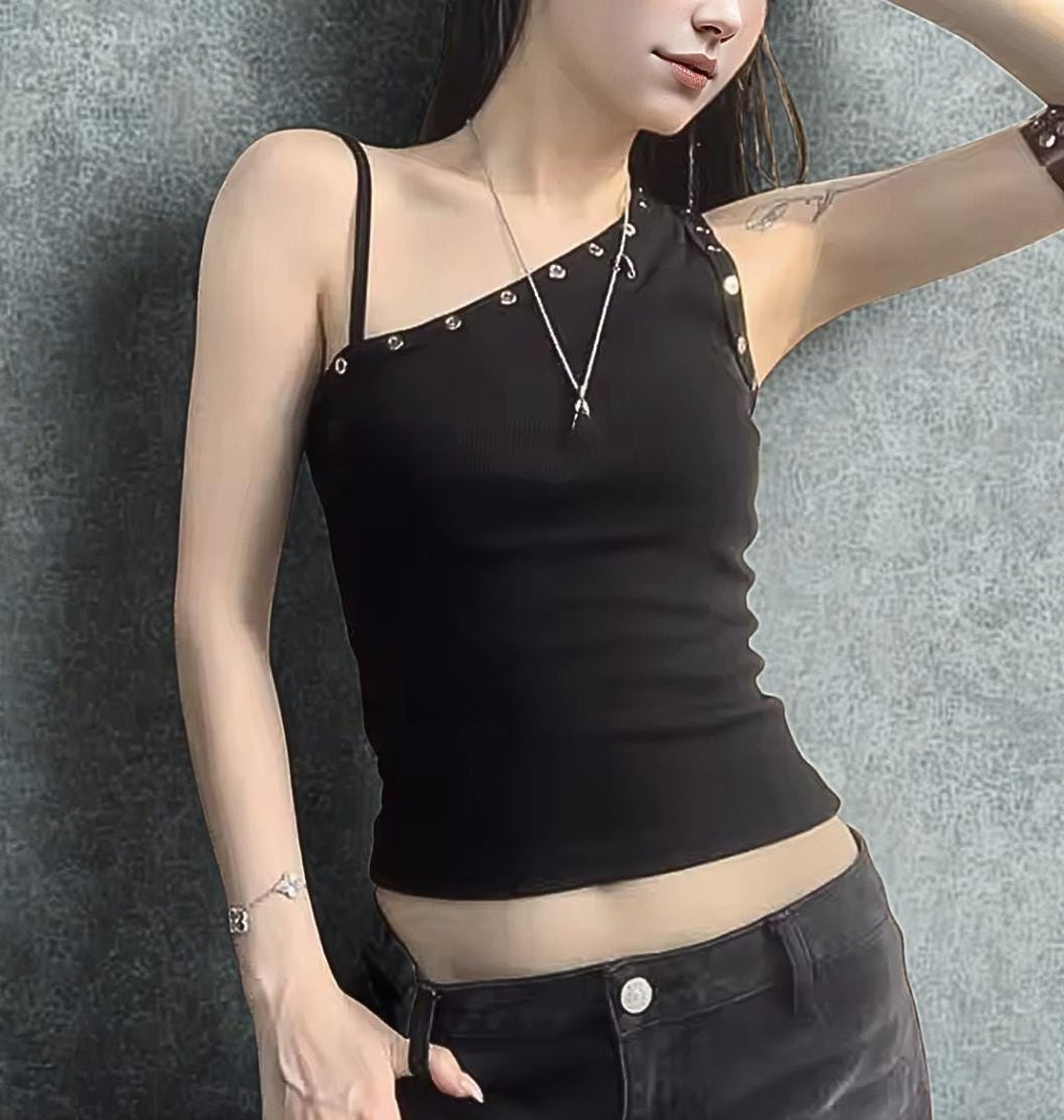 Gothic One Shoulder Crop Top: Slim Fit Black Summer Vest alt emo edgy