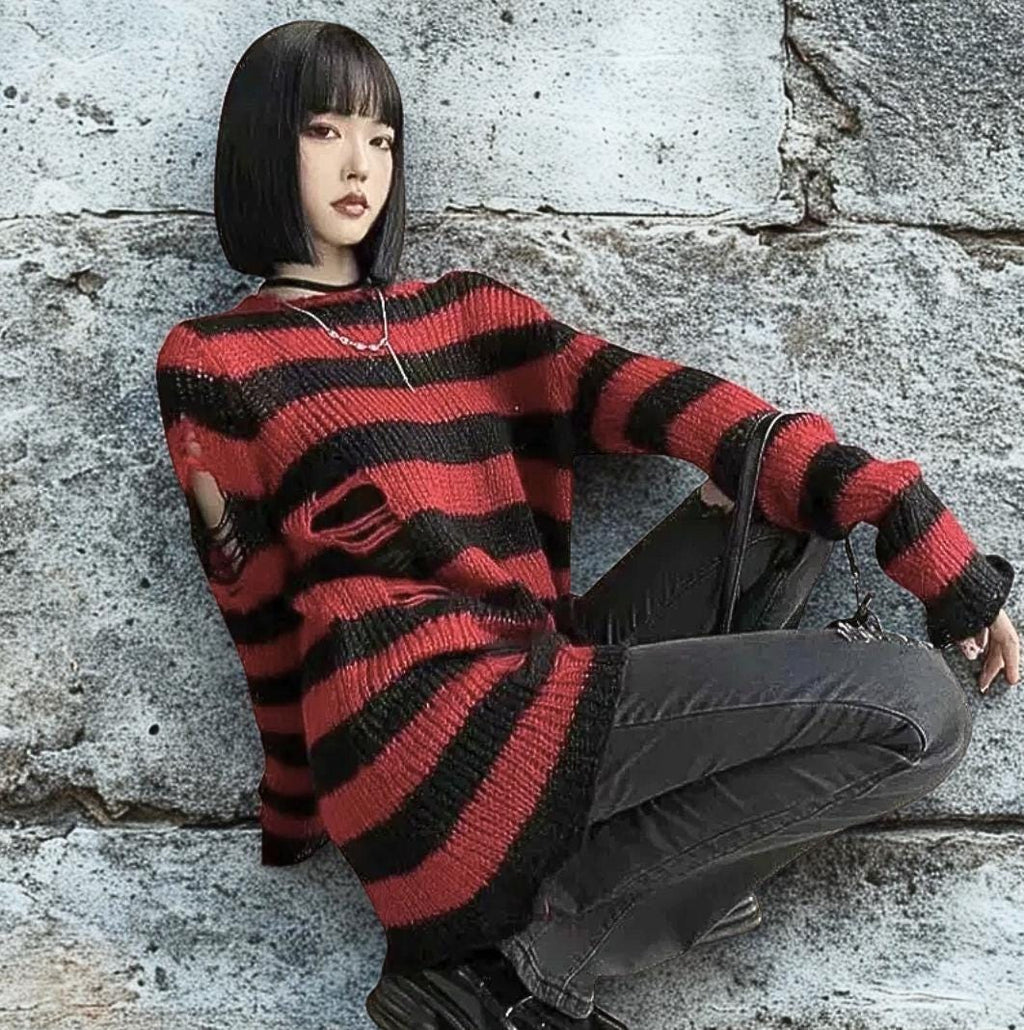 Distressed Striped Grunge Sweater: Punk Gothic Knit Jumper goth alt emo edgy