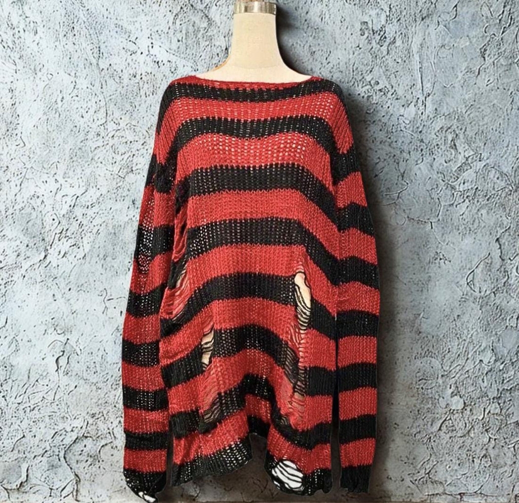Distressed Striped Grunge Sweater: Punk Gothic Knit Jumper goth alt emo edgy