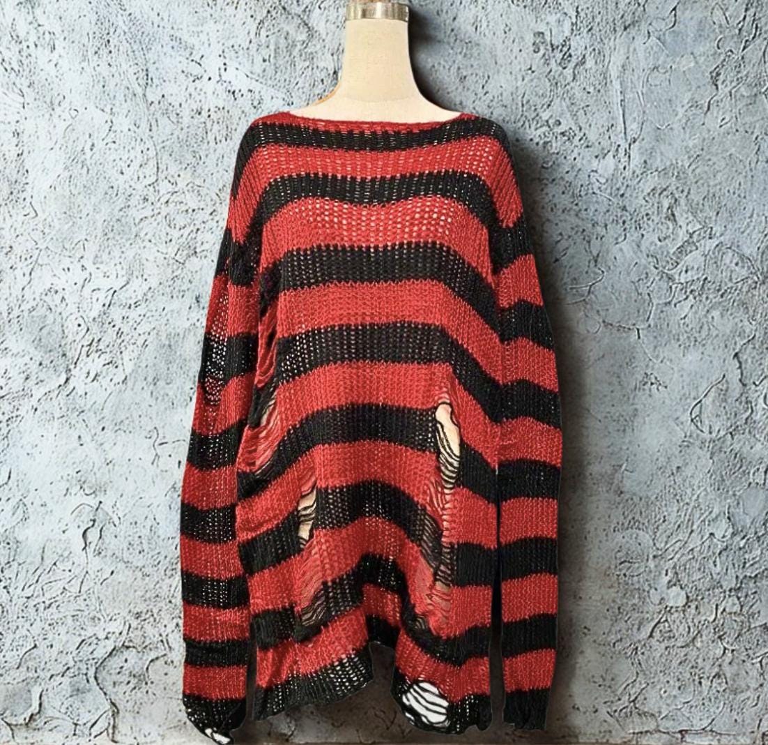Distressed Striped Grunge Sweater: Punk Gothic Knit Jumper goth alt emo edgy