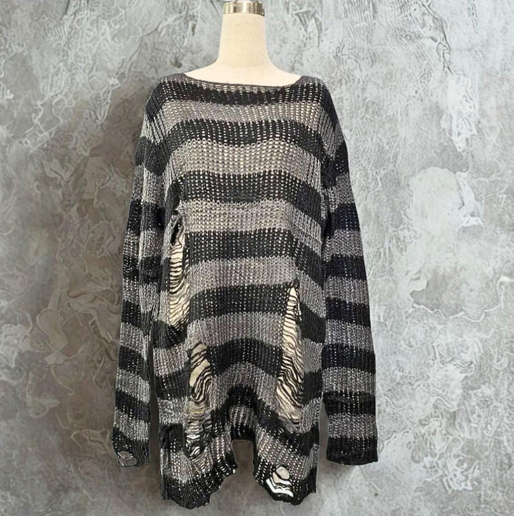 Distressed Striped Grunge Sweater: Punk Gothic Knit Jumper goth alt emo edgy