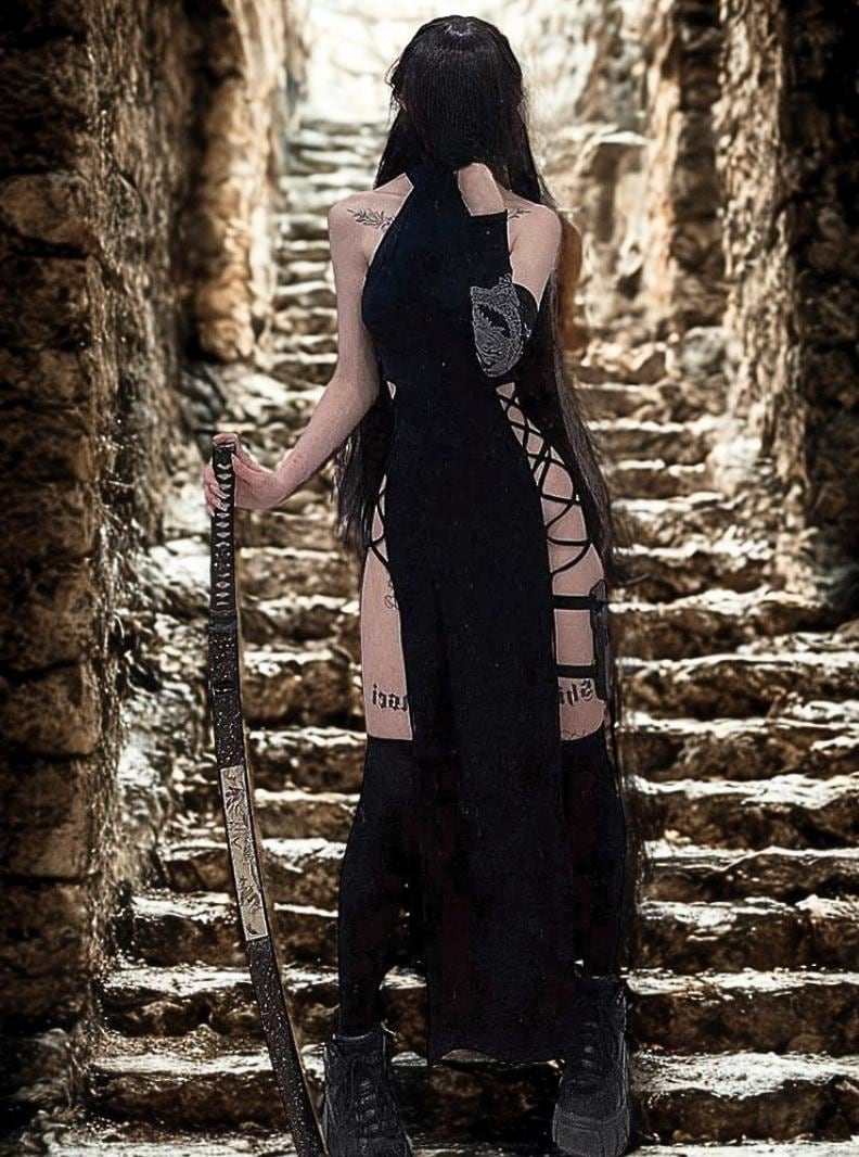 Gothic High Split Bandage Dress: Black Y2K Alt Partywear goth emo alt edgy