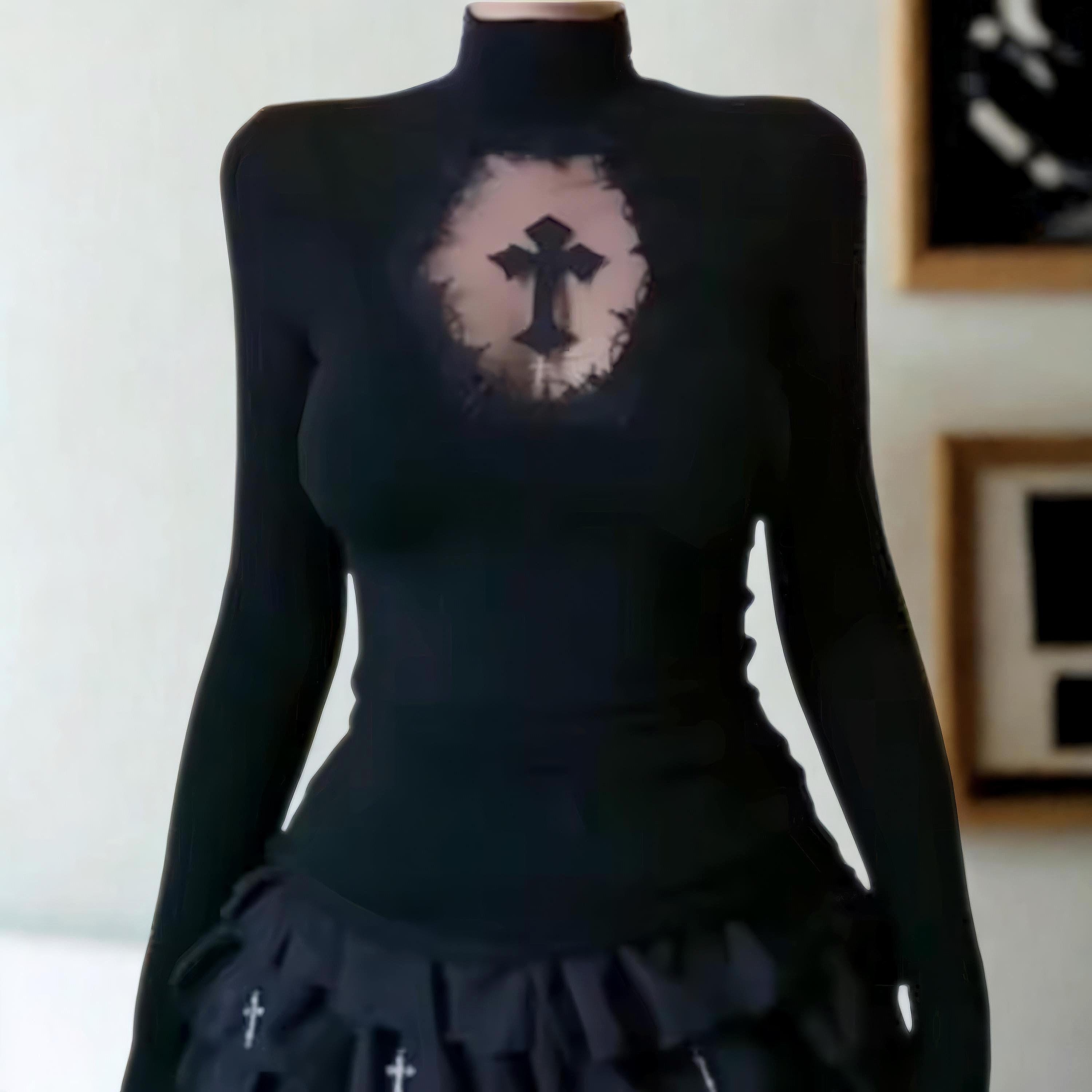 Y2K Goth Lace Top: Cross Cut-Out, Slim Fit, High Collar Mall goth alt emo