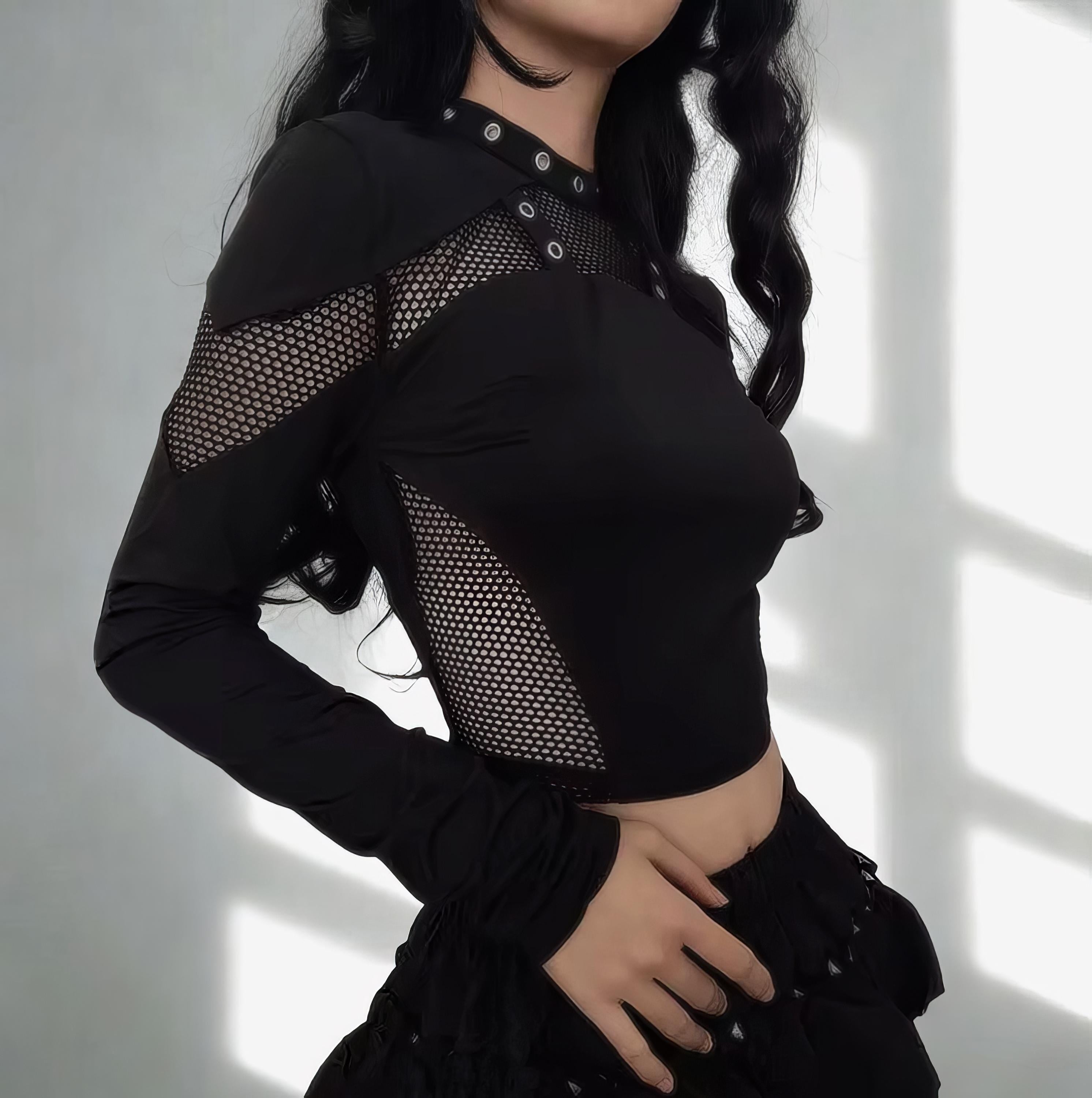 Gothic Mesh Patchwork Crop Top – Sexy Hollow Out Eyelet Long Sleeve Slim Fit Punk Streetwear Tee for Women