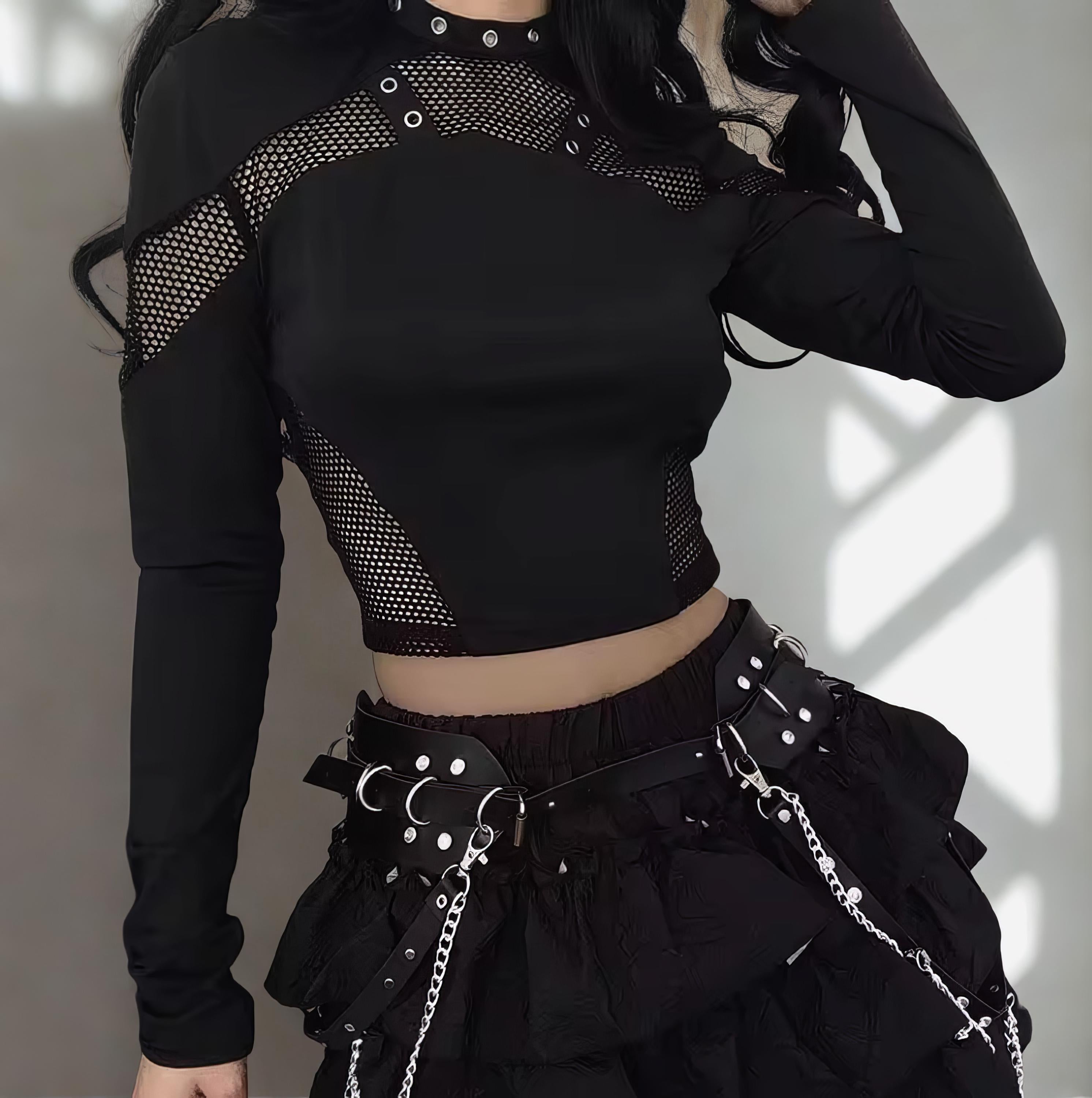 Gothic Mesh Patchwork Crop Top – Sexy Hollow Out Eyelet Long Sleeve Slim Fit Punk Streetwear Tee for Women