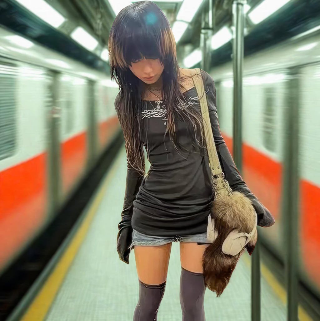 Y2K Gothic Graphic Tee: Harajuku Long Sleeve Punk Top Mall goth alt emo