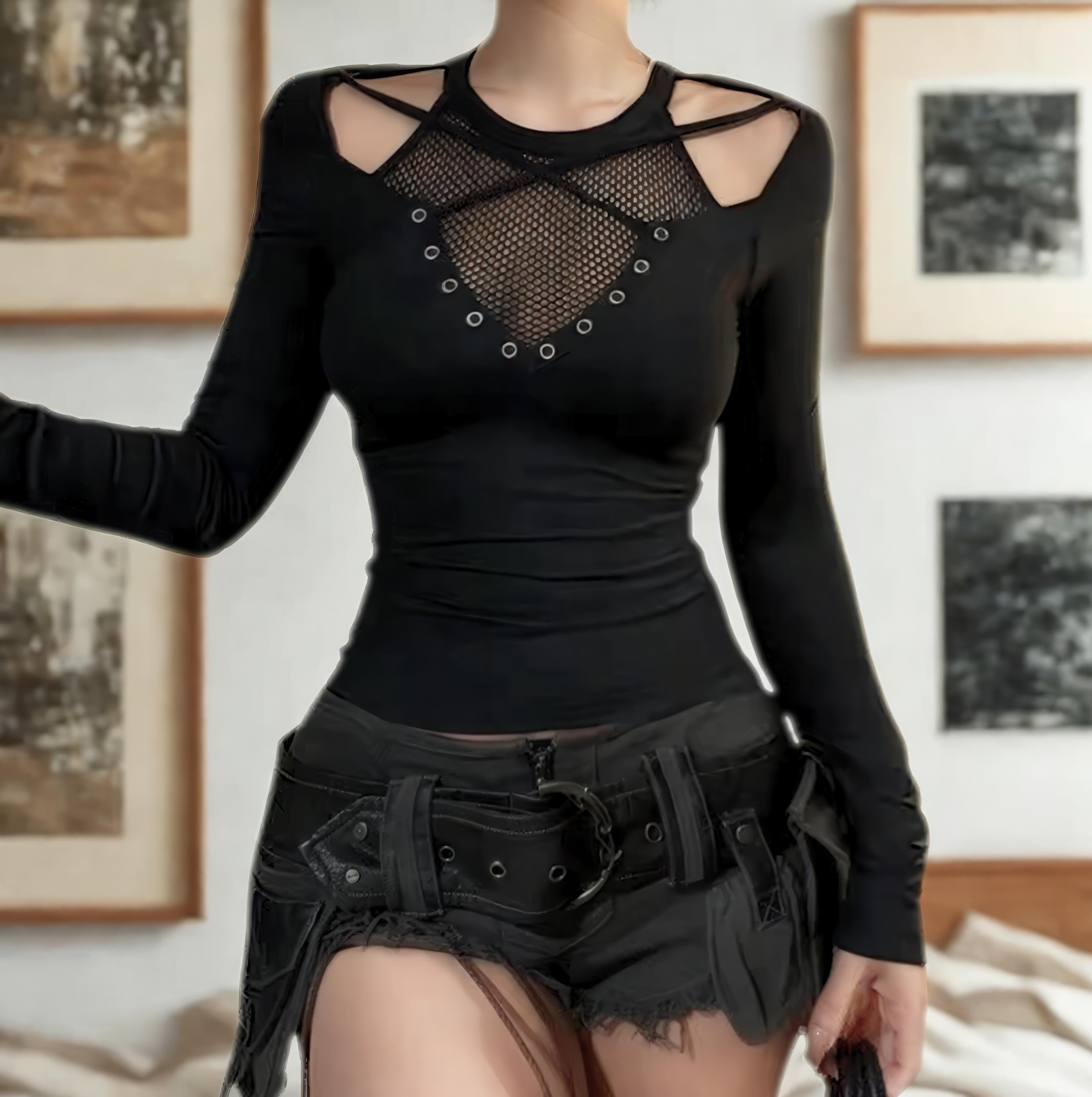 Gothic Hollow Out Top: Y2K Grunge See Through T-Shirt Goth Alt emo