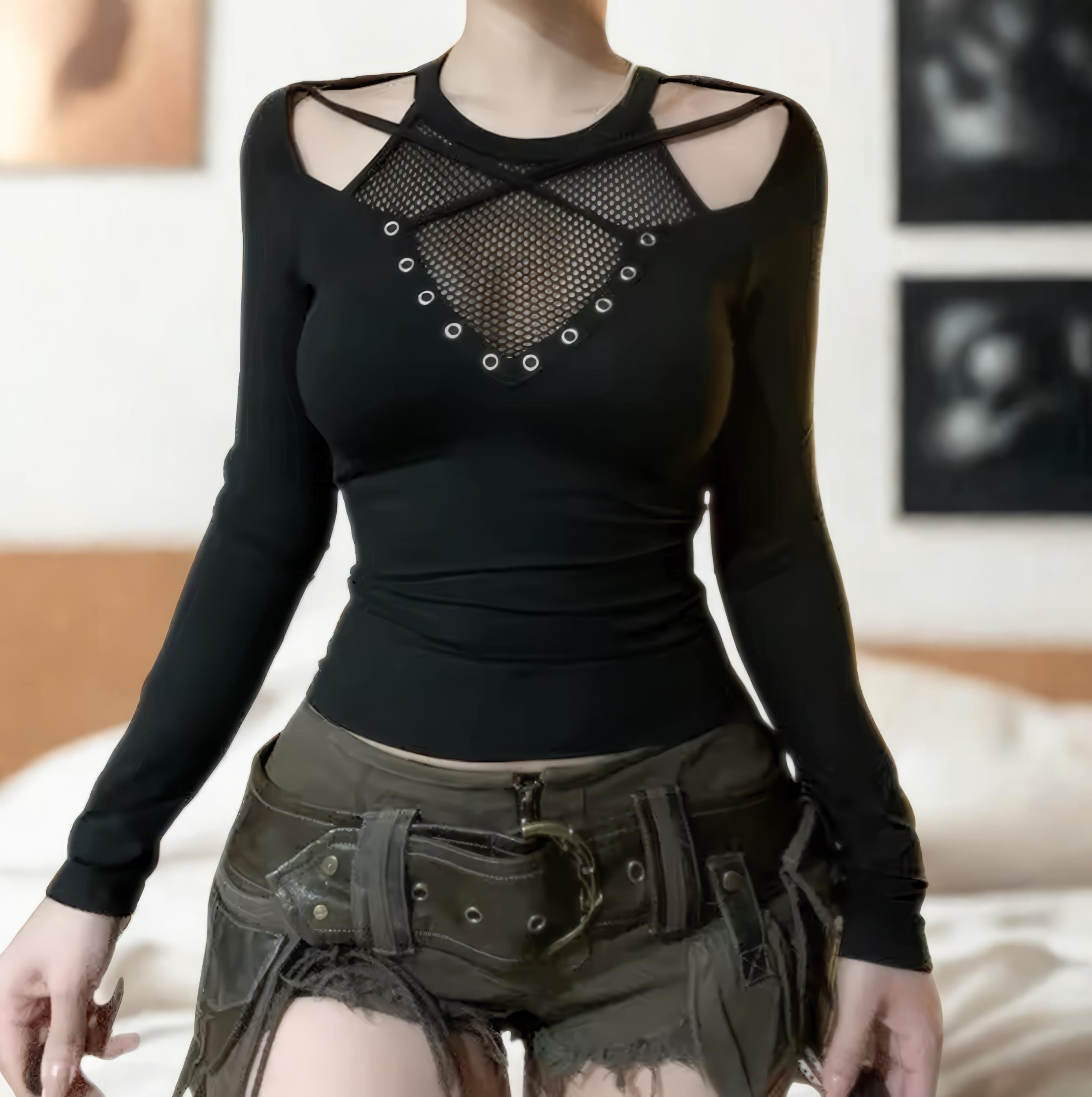 Gothic Hollow Out Top: Y2K Grunge See Through T-Shirt Goth Alt emo