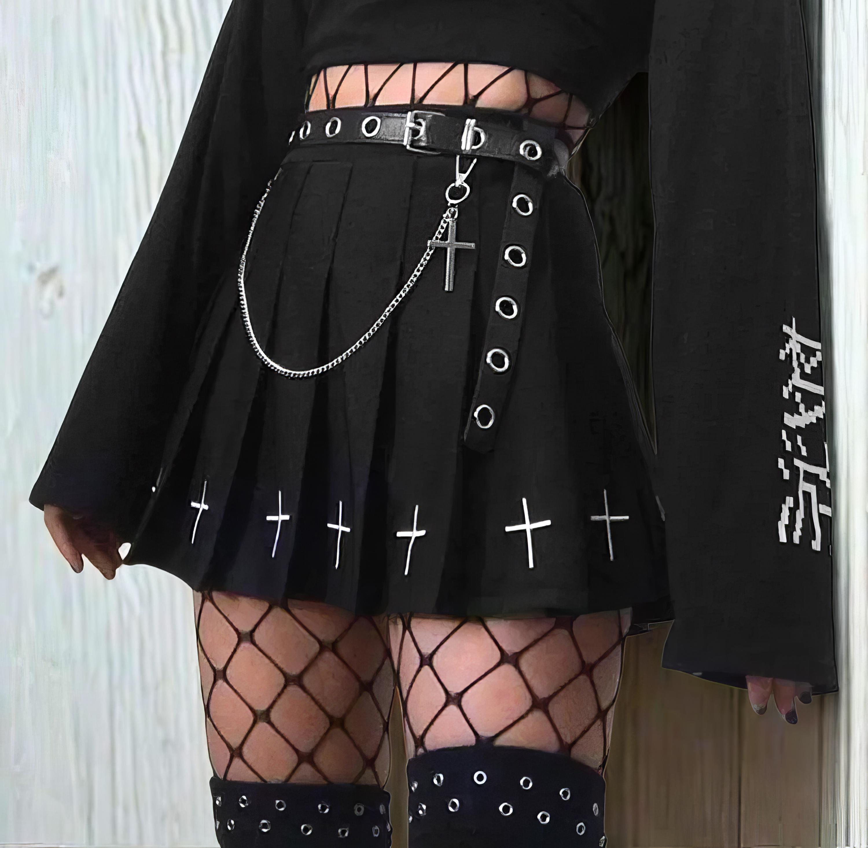 High Waist Black Pleated Mini Skirt Gothic Cross Print Harajuku Streetwear Lolita College Style