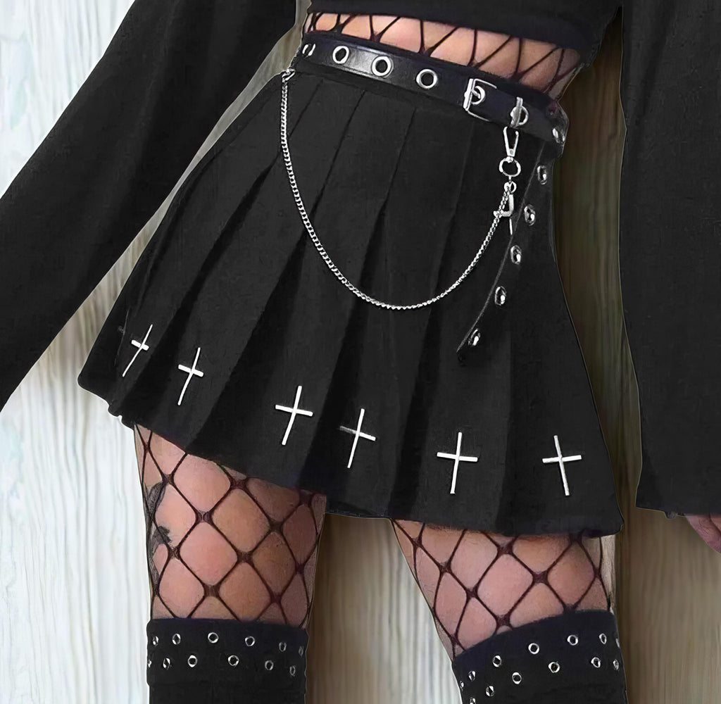 High Waist Black Pleated Mini Skirt Gothic Cross Print Harajuku Streetwear Lolita College Style