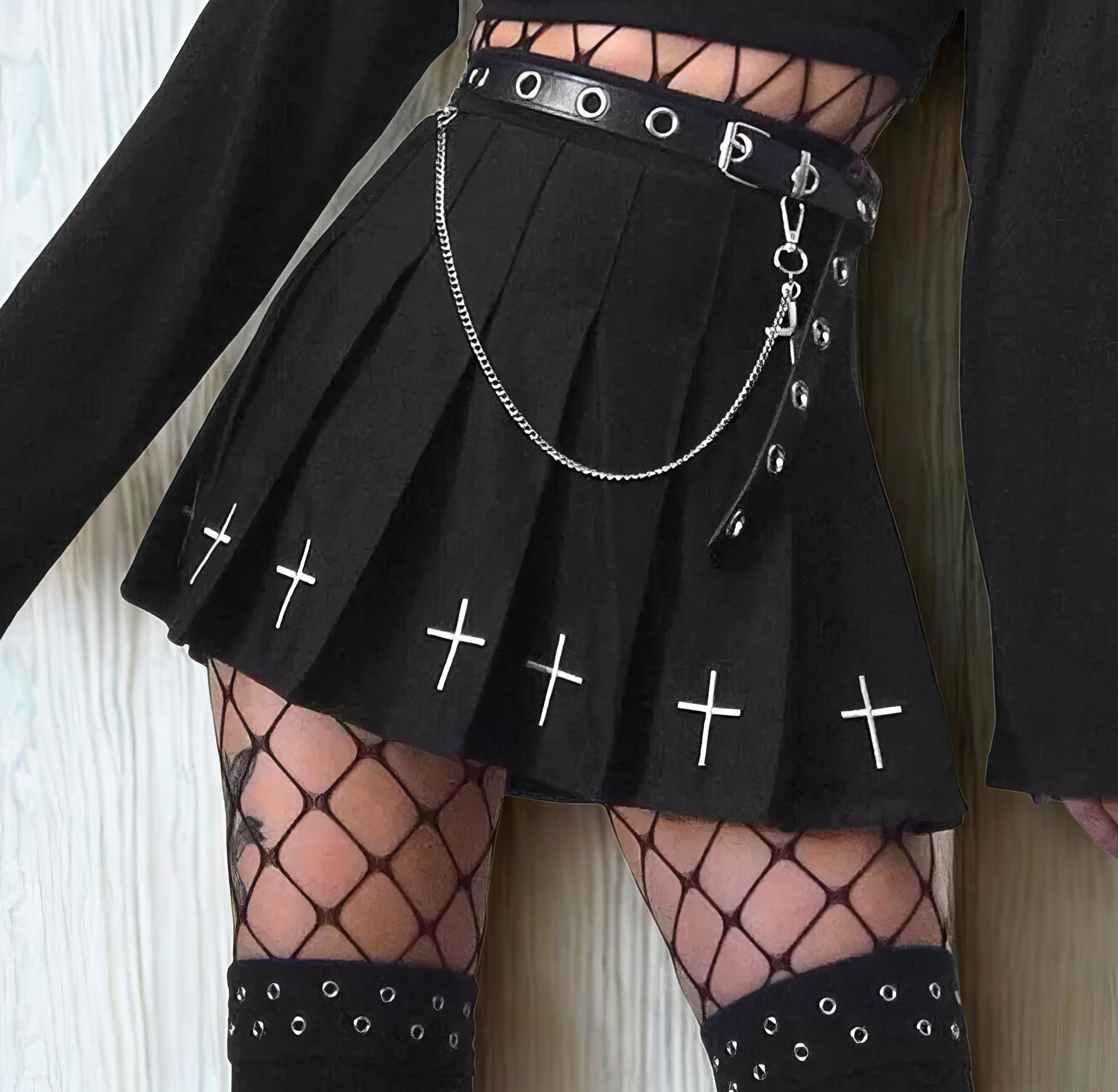 High Waist Black Pleated Mini Skirt Gothic Cross Print Harajuku Streetwear Lolita College Style