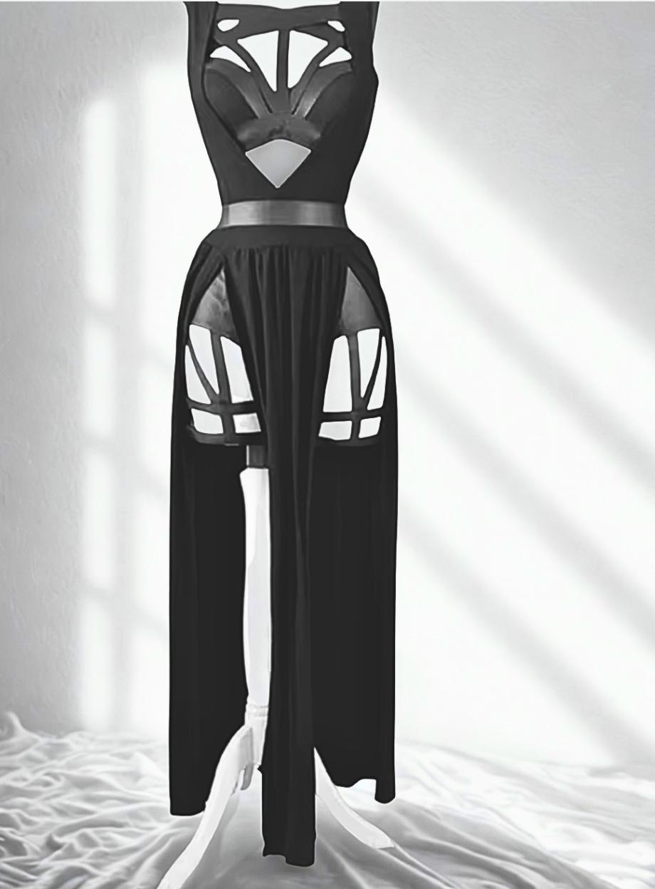 Vintage Gothic Clubwear 3pcs Set Women Sexy Black Corset Crop Top Bandage Panties Mesh Split Skirt Y2K Grunge Alternative Outfit