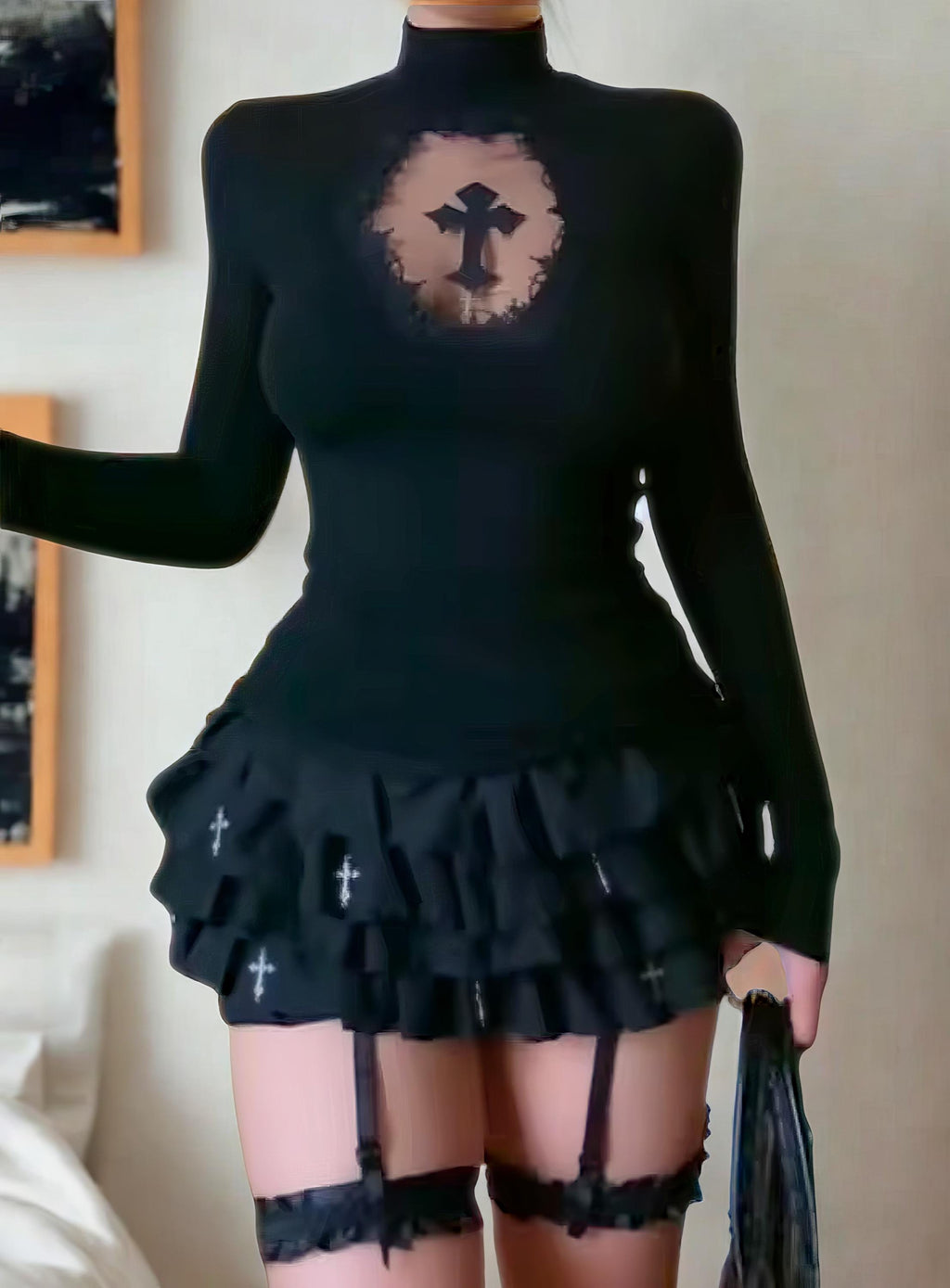 Y2K Goth Lace Top: Cross Cut-Out, Slim Fit, High Collar Mall goth alt emo