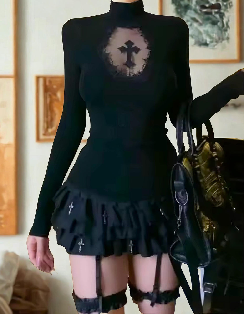 Y2K Goth Lace Top: Cross Cut-Out, Slim Fit, High Collar Mall goth alt emo