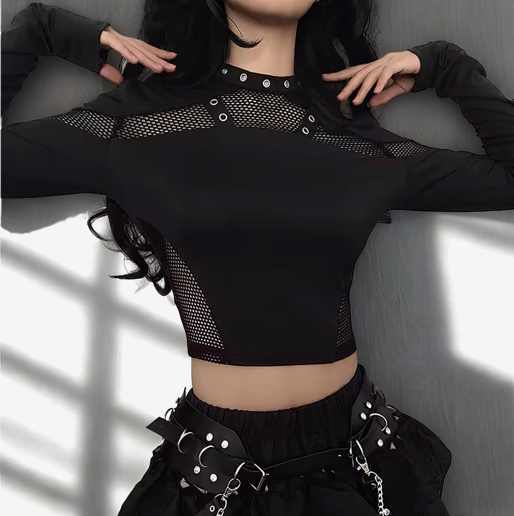 Gothic Mesh Patchwork Crop Top – Sexy Hollow Out Eyelet Long Sleeve Slim Fit Punk Streetwear Tee for Women