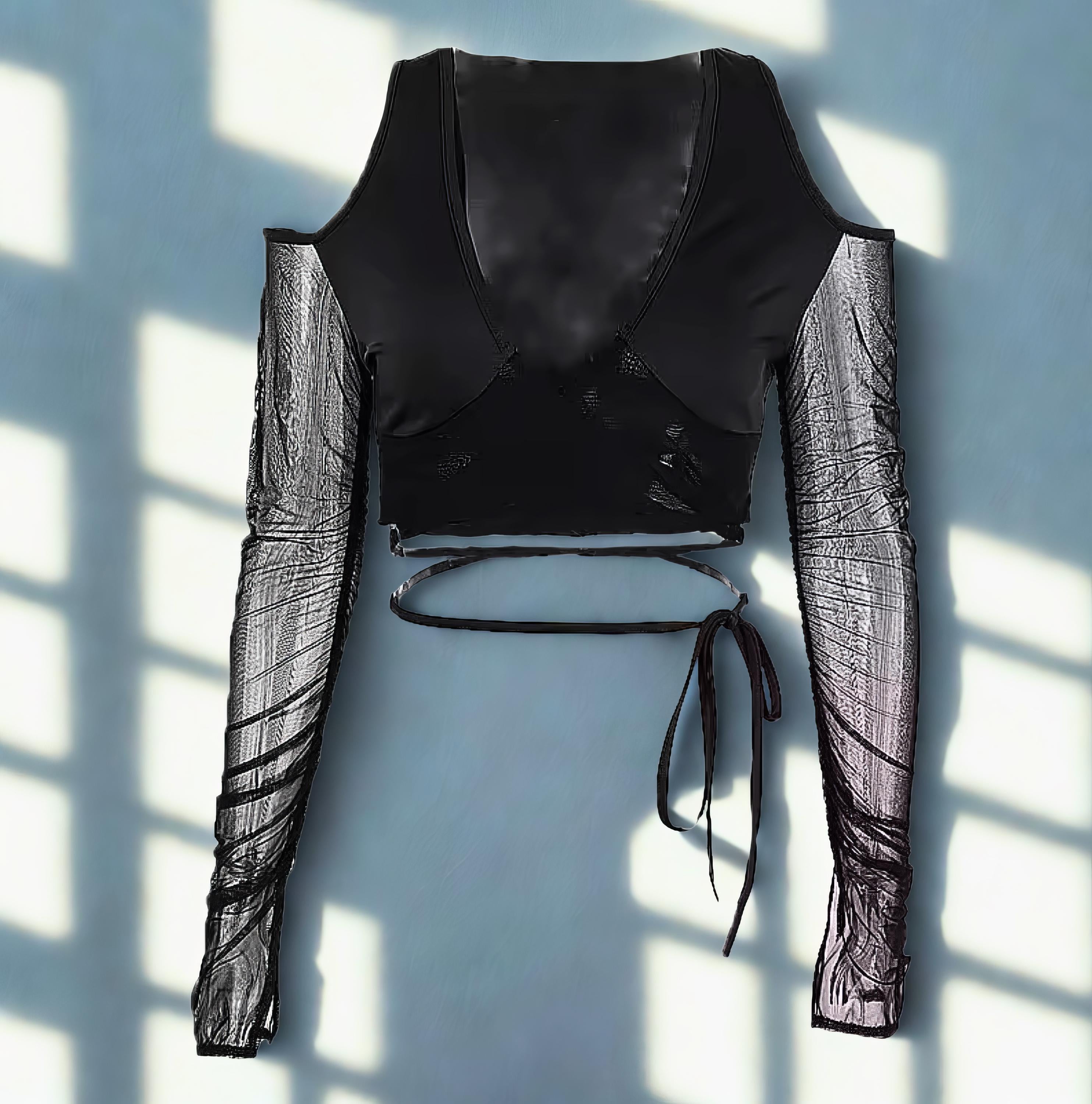 Gothic Mesh Sheer Crop Top – Sexy Deep V-Neck Off-Shoulder Bandage Long Sleeve Y2K Streetwear Tee for Women