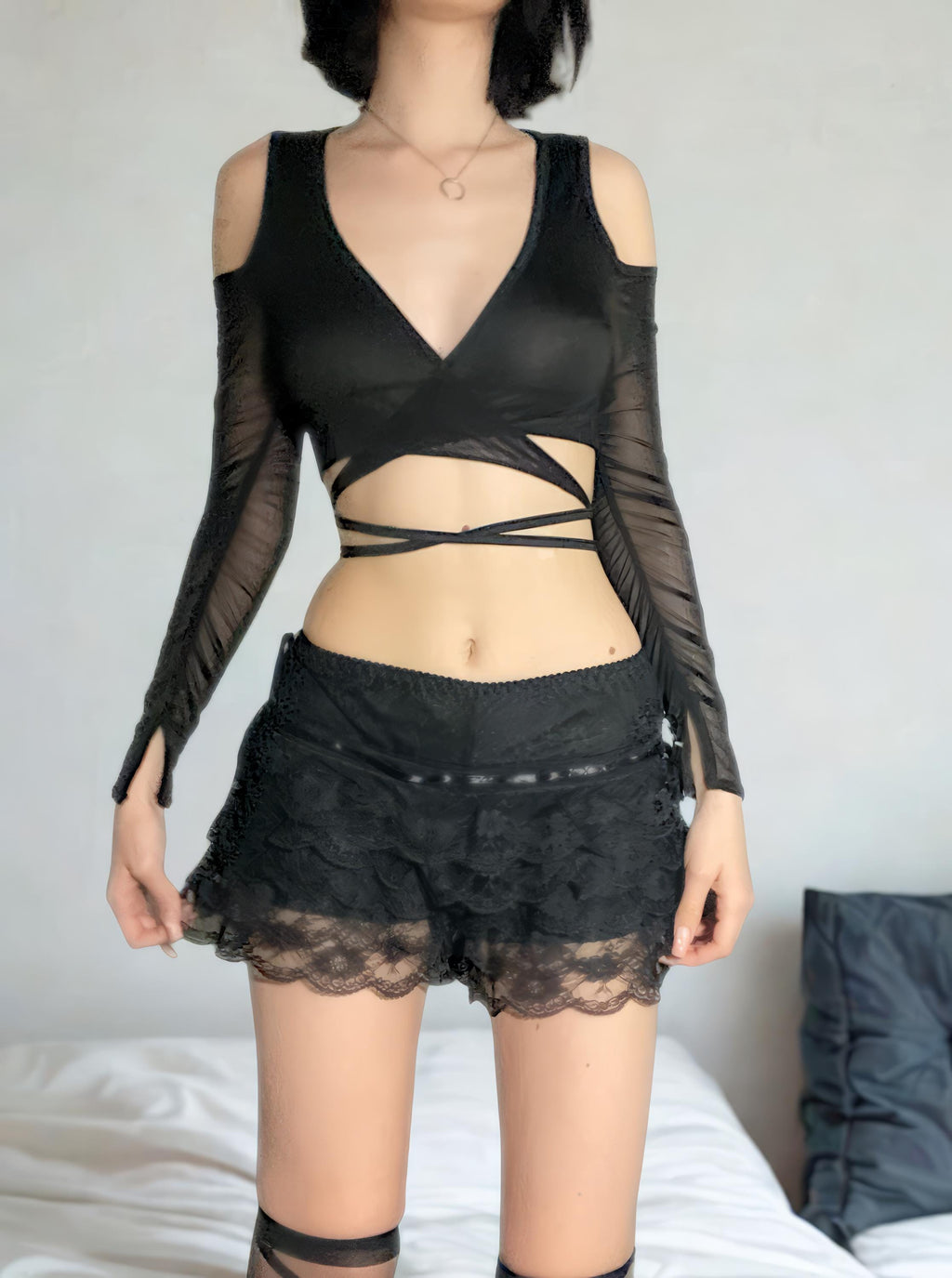 Gothic Mesh Sheer Crop Top – Sexy Deep V-Neck Off-Shoulder Bandage Long Sleeve Y2K Streetwear Tee for Women
