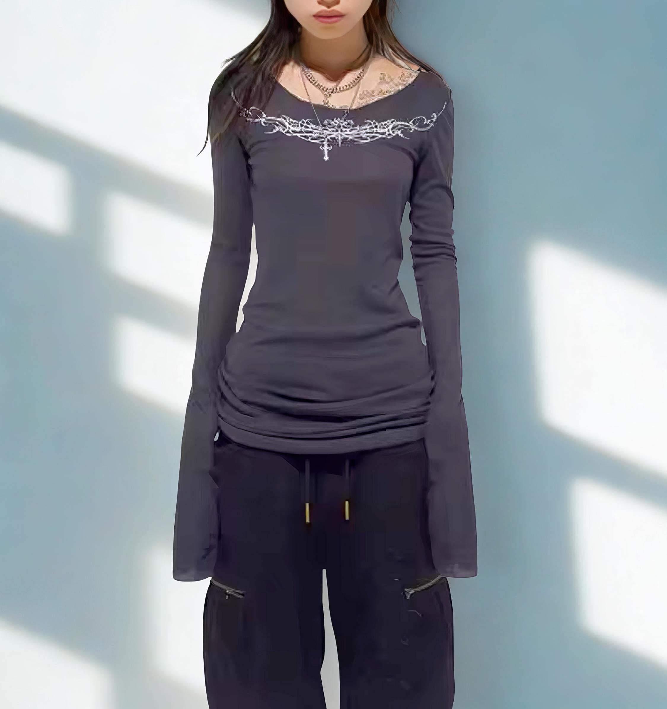 Y2K Gothic Graphic Tee: Harajuku Long Sleeve Punk Top Mall goth alt emo