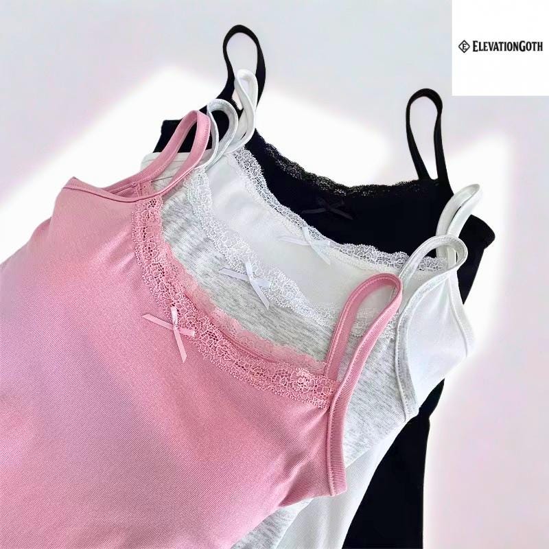 Lace Camisole Tank Top with Built-In Bra: Padded Strap y2k
