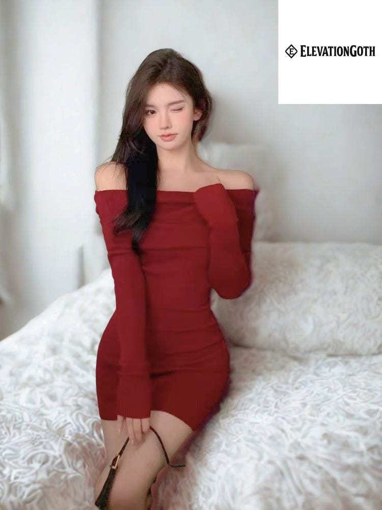 Black Off Shoulder Sweater Dress – Bodycon Mini Knit Emo Cyber Goth Gothic Edgy