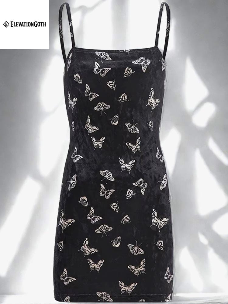Gothic Harajuku Black Dress: Backless Print Punk Sundress goth emo alt butterfly