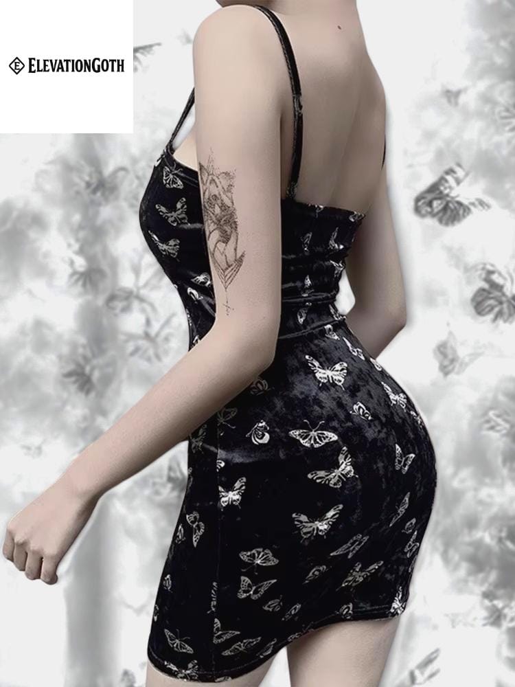 Gothic Harajuku Black Dress: Backless Print Punk Sundress goth emo alt butterfly